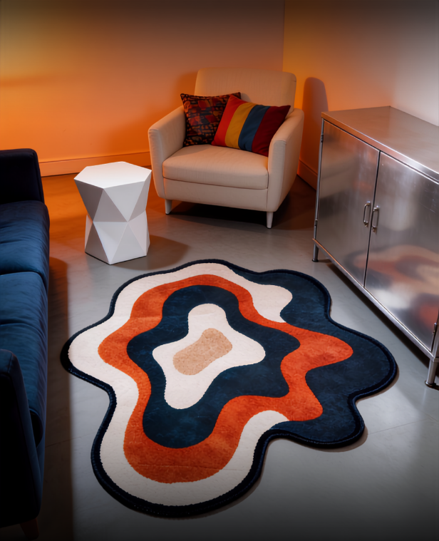 Modern abstract carpet in navy, orange and cream in a warm living room