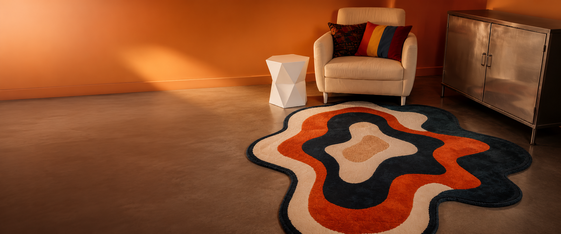 Organic wavy carpet in navy, orange and cream on a polished floor in a warm terracotta room